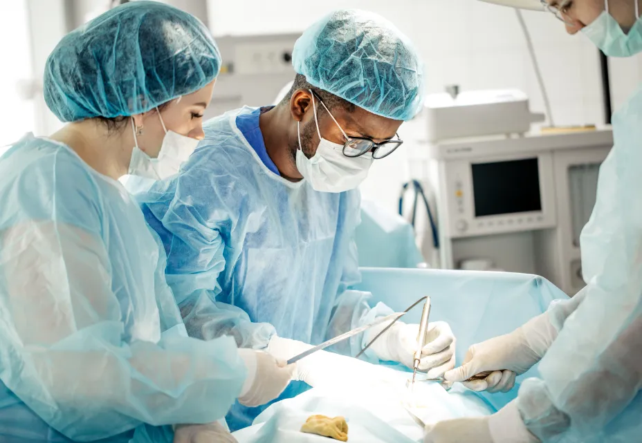 Surgeons performing bariatric surgery in an operating room.